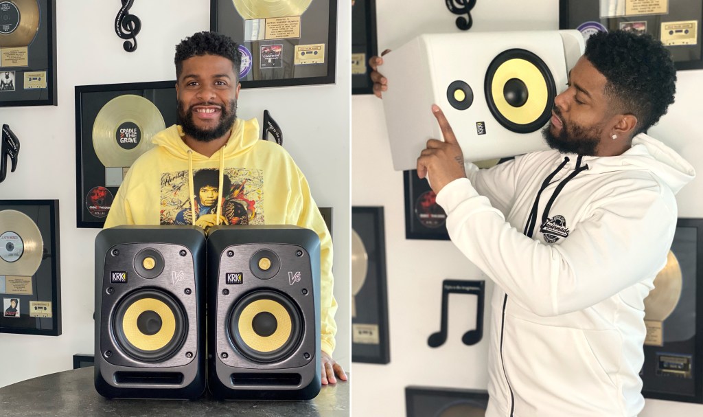 Pictured: Amadeus with his KRK V6 and ROKIT 8 G4 White Noise studio monitors